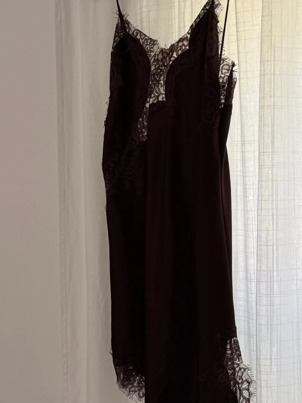 chocolate brown lace asymmetrical mini slip dress - Picture 4 of 5